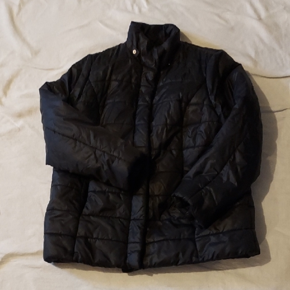 Roaman's Black Quilted Puffer Jacket with Stand-Up Collar